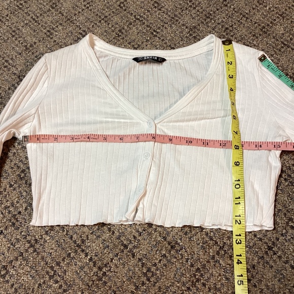 SHEIN White Ribbed Cropped V-neck Long Sleeve Button Front Top * Size Small - Picture 3 of 7